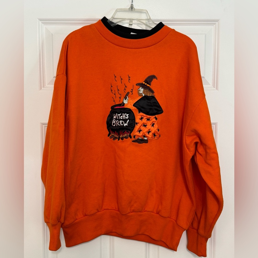 Vintage Basic Editions Halloween Witches Brew Orange Mock Neck Sweatshirt Large